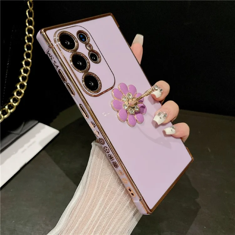 Étui pour Samsung Galaxy S25 Ultra avec support en anneau Fleur de rose Électroplaqué Coque de téléphone TPU - Violet