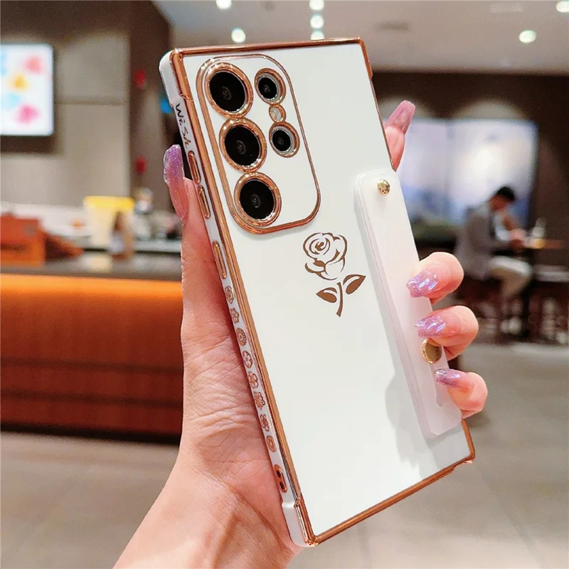 For Samsung Galaxy S25 Ultra Case with Strap Kickstand Rose Flower Electroplated TPU Phone Cover - Ivory White