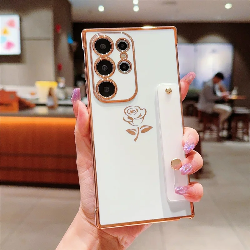 For Samsung Galaxy S25 Ultra Case with Strap Kickstand Rose Flower Electroplated TPU Phone Cover - Ivory White