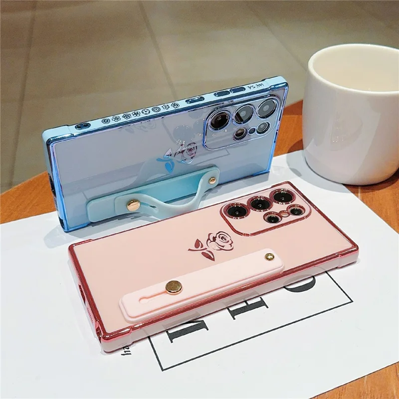 For Samsung Galaxy S25 Ultra Case with Strap Kickstand Rose Flower Electroplated TPU Phone Cover - Ivory White