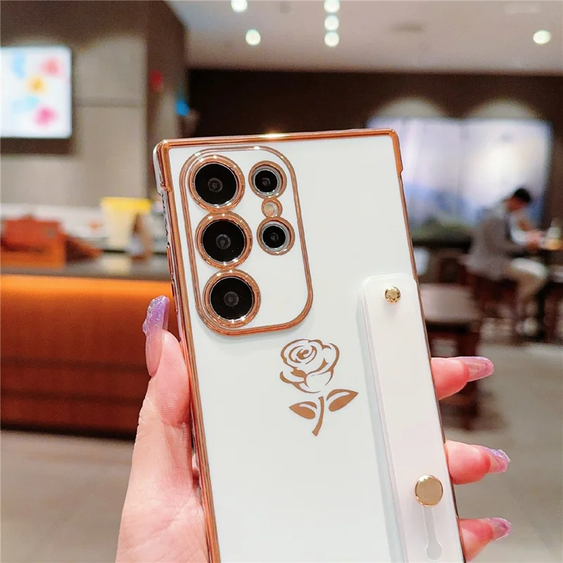 For Samsung Galaxy S25 Ultra Case with Strap Kickstand Rose Flower Electroplated TPU Phone Cover - Ivory White