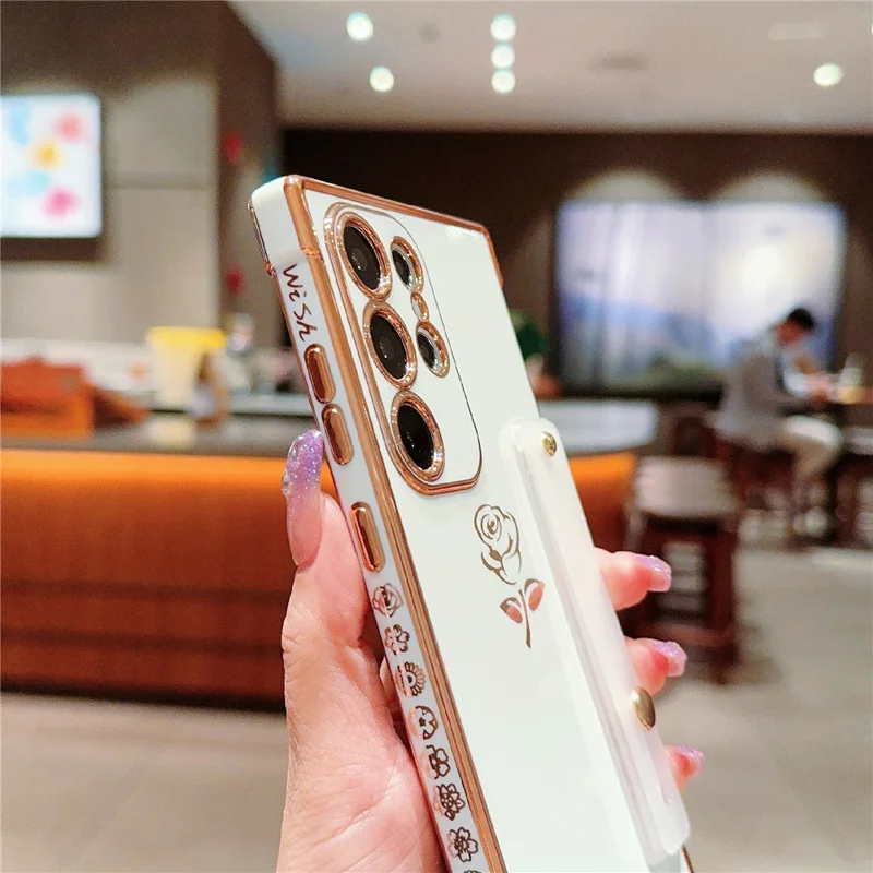 For Samsung Galaxy S25 Ultra Case with Strap Kickstand Rose Flower Electroplated TPU Phone Cover - Ivory White