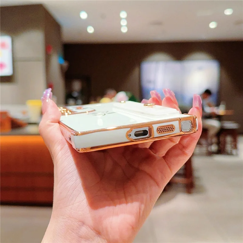 For Samsung Galaxy S25 Ultra Case with Strap Kickstand Rose Flower Electroplated TPU Phone Cover - Ivory White