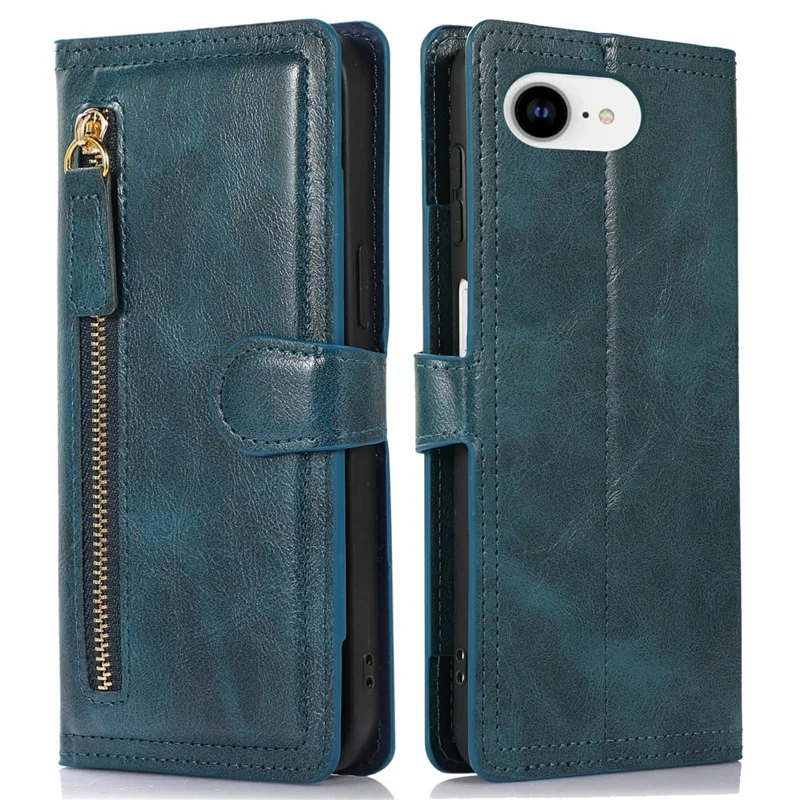 For iPhone 17e / 16e Case Zipper Flip Leather Phone Cover with Card Holder - Blue