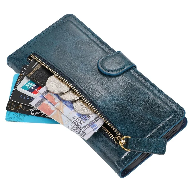 For iPhone 17e / 16e Case Zipper Flip Leather Phone Cover with Card Holder - Blue
