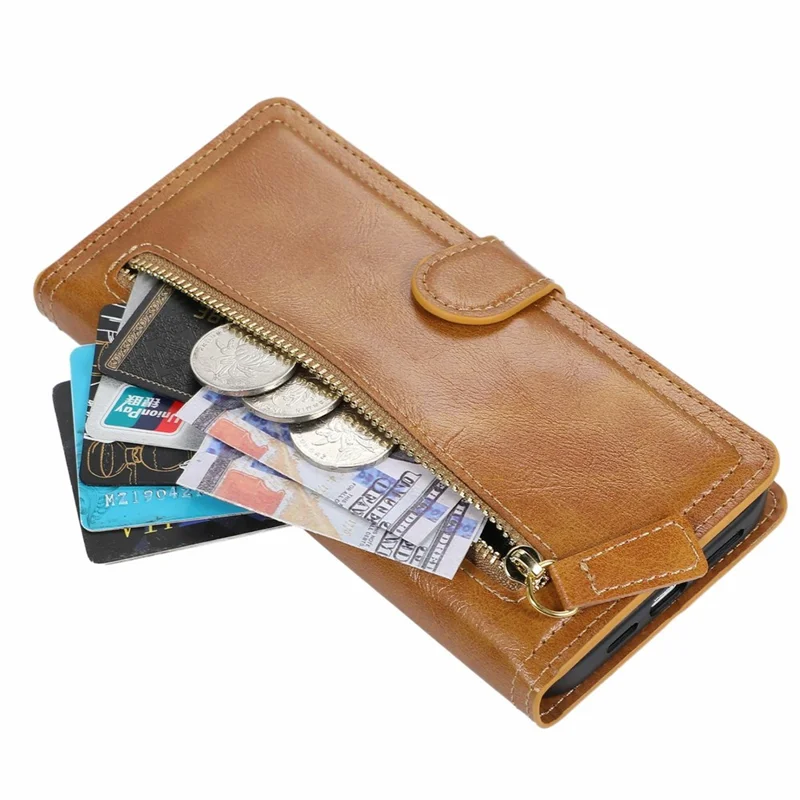 Voor Samsung Galaxy S25+ Hoesje Rits Flip Leren Telefoonhoes met Kaarthouder - Oranje