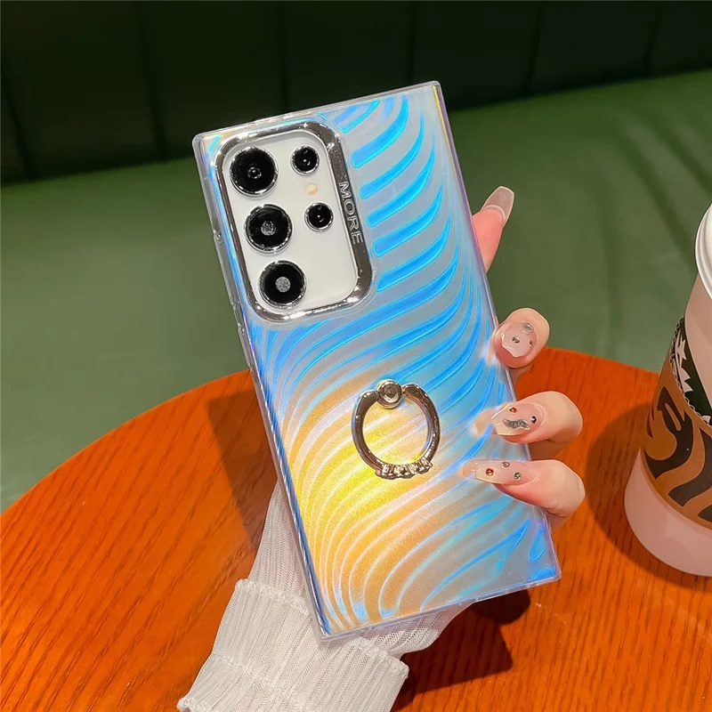 For Samsung Galaxy S25 Ultra Case Ring Holder Kickstand PC + TPU IMD Laser Texture Matte Phone Cover - AR6