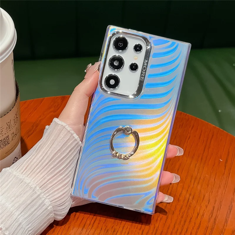 For Samsung Galaxy S25 Ultra Case Ring Holder Kickstand PC + TPU IMD Laser Texture Matte Phone Cover - AR6