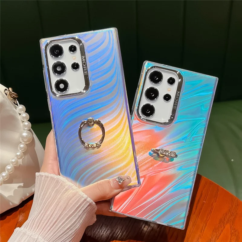 For Samsung Galaxy S25 Ultra Case Ring Holder Kickstand PC + TPU IMD Laser Texture Matte Phone Cover - AR6