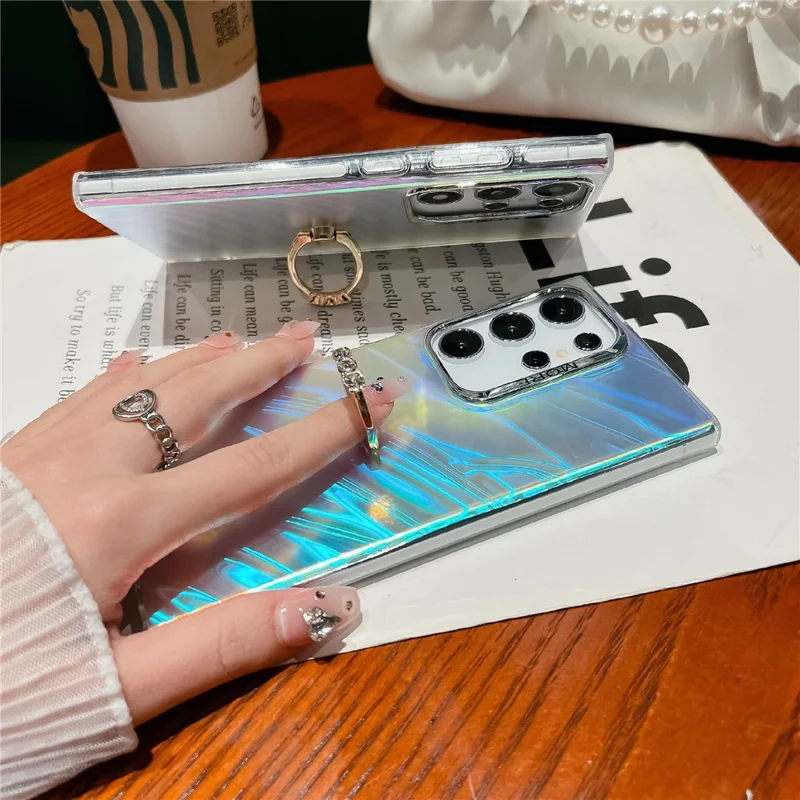 For Samsung Galaxy S25 Ultra Case Ring Holder Kickstand PC + TPU IMD Laser Texture Matte Phone Cover - AR6