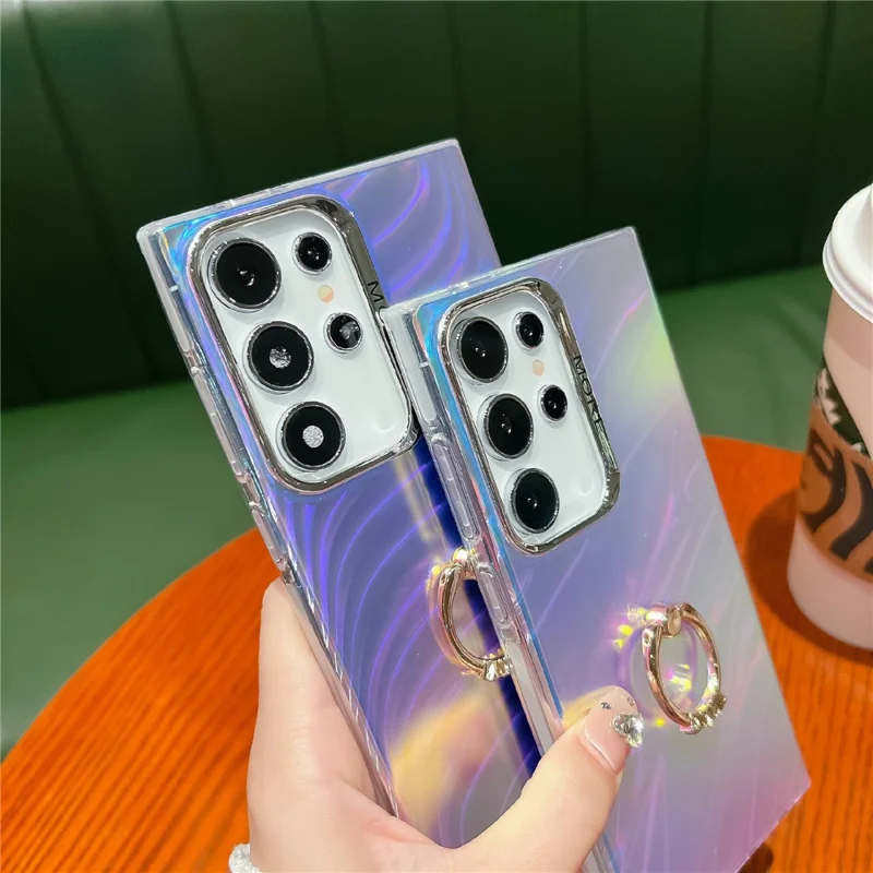 For Samsung Galaxy S25 Ultra Case Ring Holder Kickstand PC + TPU IMD Laser Texture Matte Phone Cover - AR6