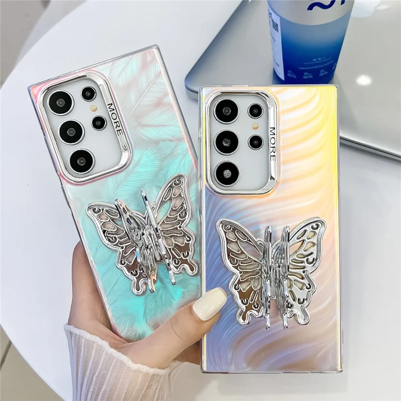 For Samsung Galaxy S25 Ultra Case Butterfly Kickstand PC + TPU IMD Laser Texture Phone Cover - AK1