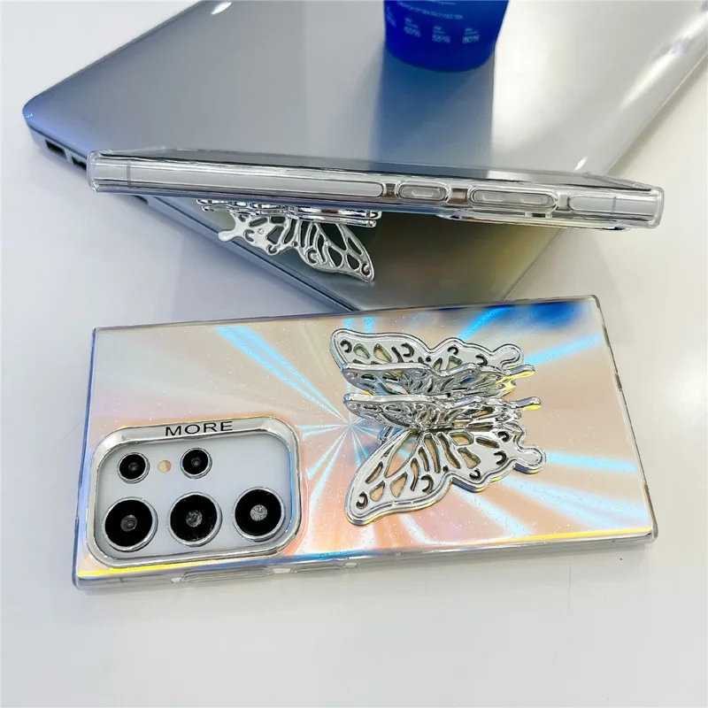 For Samsung Galaxy S25 Ultra Case Butterfly Kickstand PC + TPU IMD Laser Texture Phone Cover - AK1