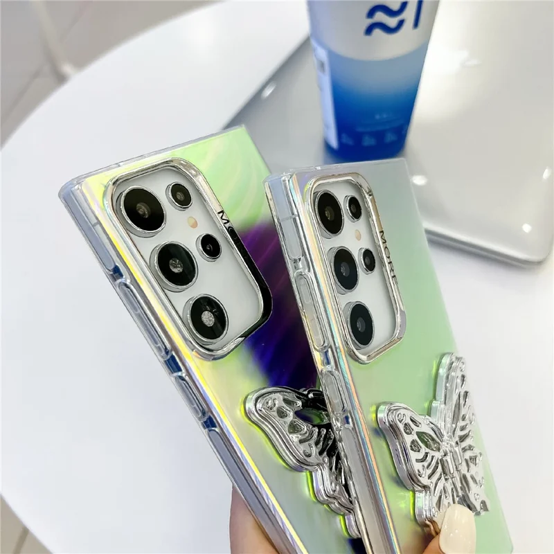 For Samsung Galaxy S25 Ultra Case Butterfly Kickstand PC + TPU IMD Laser Texture Phone Cover - AK1