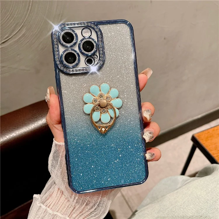 For iPhone 16 Pro Max Case Electroplated Edge Kickstand Phone Cover with Camera Lens Film - Blue