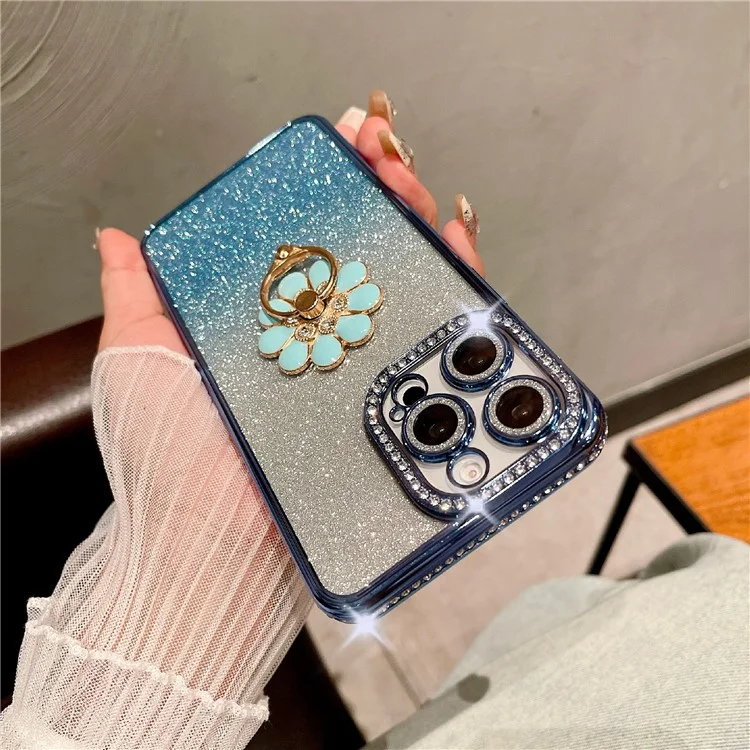 For iPhone 16 Pro Max Case Electroplated Edge Kickstand Phone Cover with Camera Lens Film - Blue