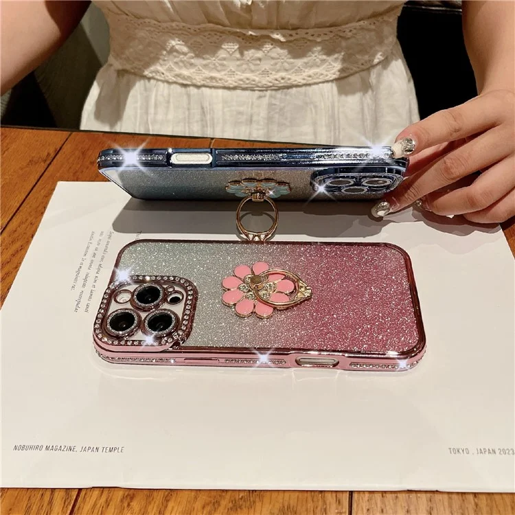 For iPhone 16 Pro Max Case Electroplated Edge Kickstand Phone Cover with Camera Lens Film - Blue