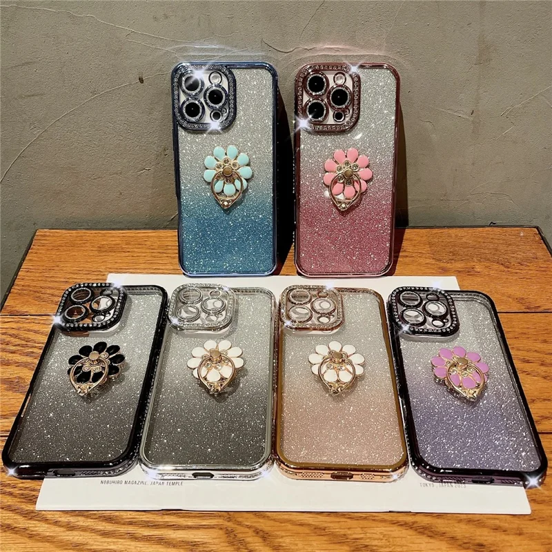 For iPhone 16 Pro Max Case Electroplated Edge Kickstand Phone Cover with Camera Lens Film - Black
