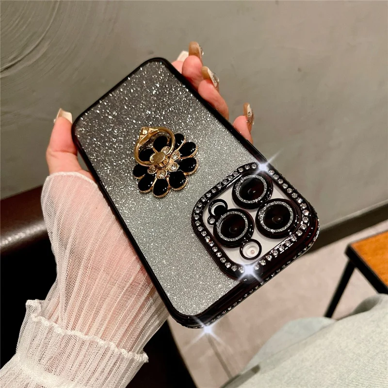 For iPhone 16 Pro Max Case Electroplated Edge Kickstand Phone Cover with Camera Lens Film - Black