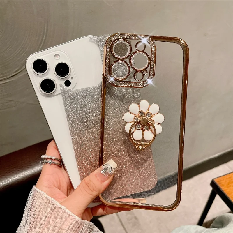 For iPhone 16 Pro Max Case Electroplated Edge Kickstand Phone Cover with Camera Lens Film - Black