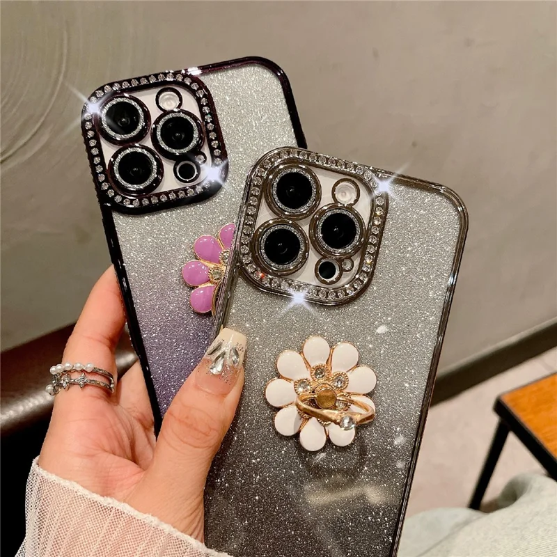 For iPhone 16 Pro Max Case Electroplated Edge Kickstand Phone Cover with Camera Lens Film - Black
