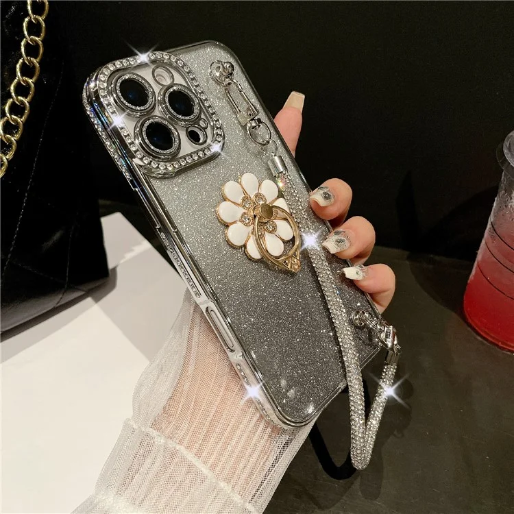 For iPhone 16 Pro Max Case with Rhinestones Strap Kickstand Phone Cover Built In Lens Film - Silver