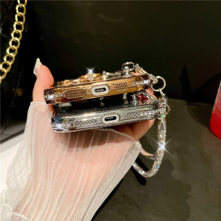 For iPhone 16 Pro Max Case with Rhinestones Strap Kickstand Phone Cover Built In Lens Film - Silver