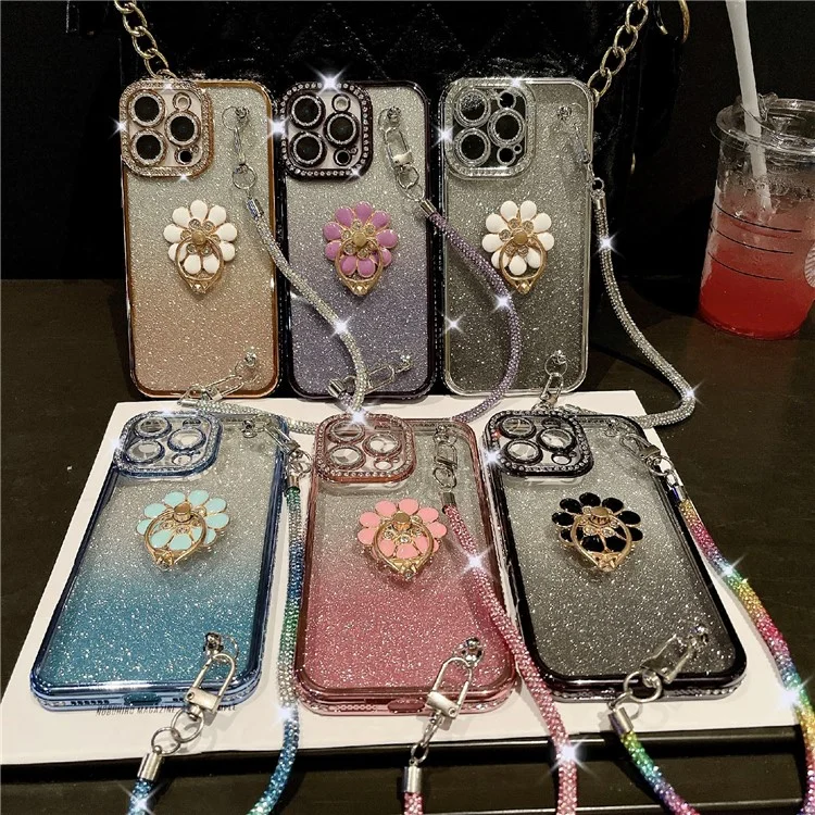 For iPhone 16 Pro Max Case with Rhinestones Strap Kickstand Phone Cover Built In Lens Film - Silver