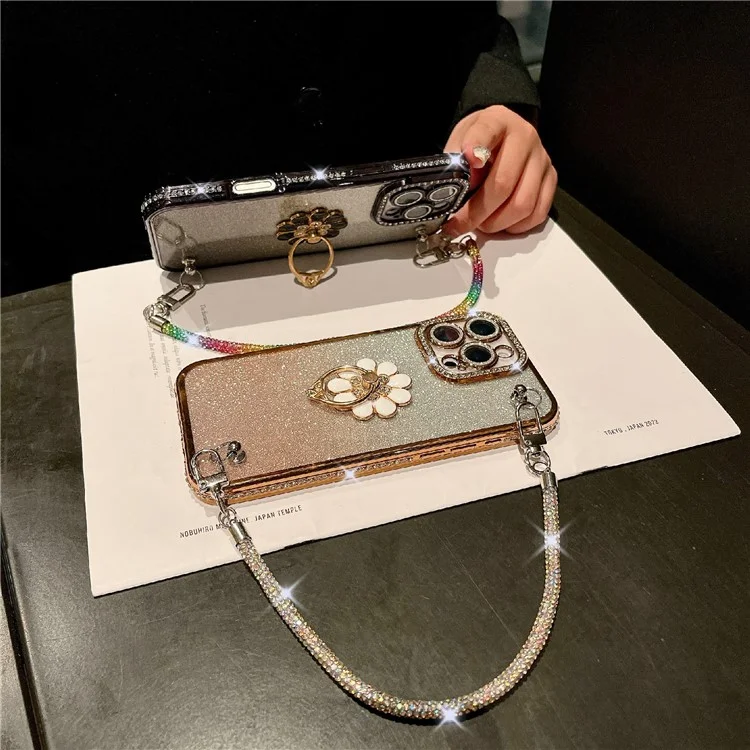 For iPhone 16 Pro Max Case with Rhinestones Strap Kickstand Phone Cover Built In Lens Film - Silver