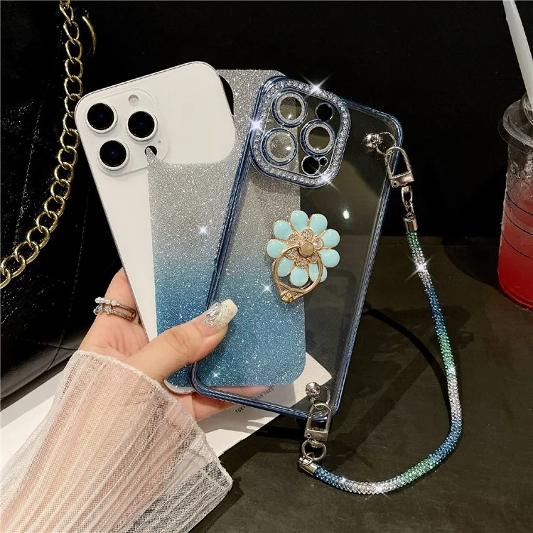 For iPhone 16 Pro Max Case with Rhinestones Strap Kickstand Phone Cover Built In Lens Film - Silver