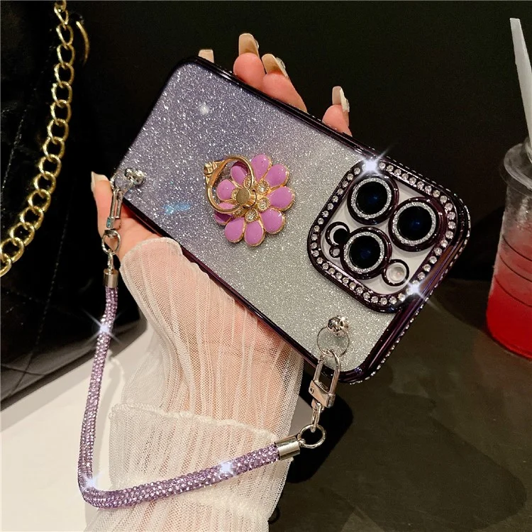 For iPhone 16 Pro Max Case with Rhinestones Strap Kickstand Phone Cover Built In Lens Film - Silver