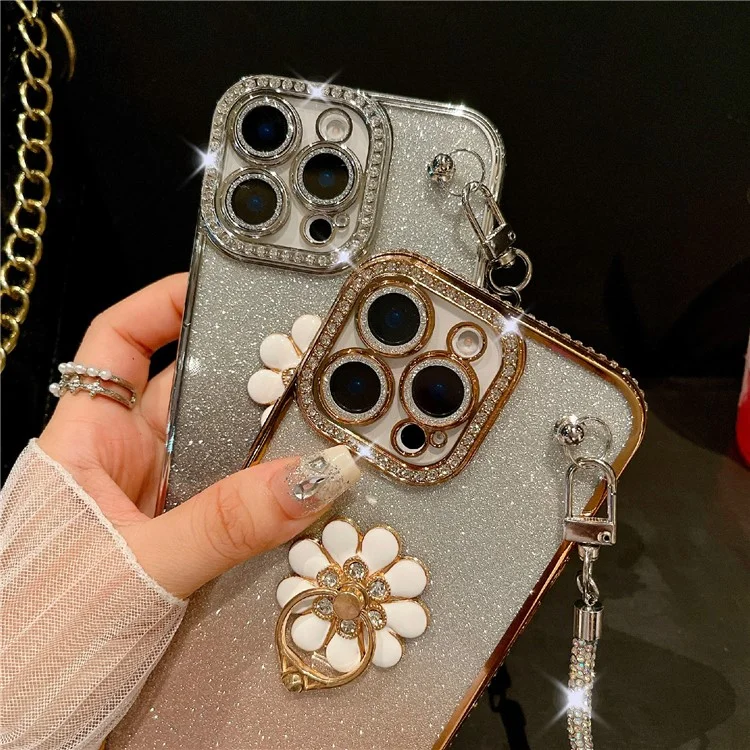 For iPhone 16 Pro Max Case with Rhinestones Strap Kickstand Phone Cover Built In Lens Film - Silver