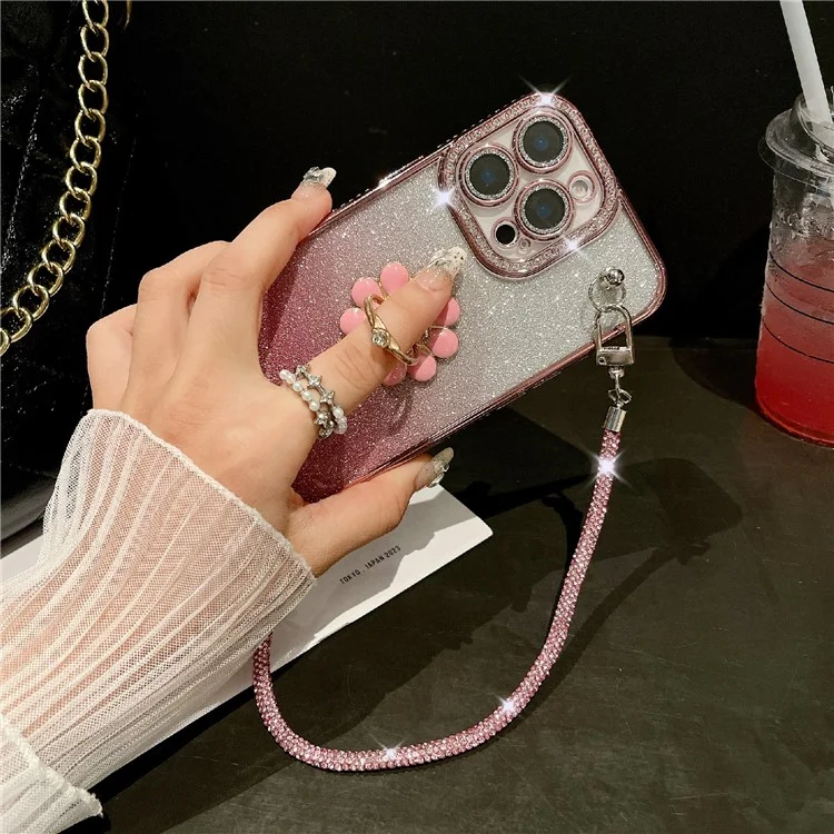 For iPhone 16 Pro Max Case with Rhinestones Strap Kickstand Phone Cover Built In Lens Film - Silver