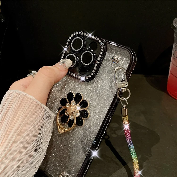 For iPhone 16 Pro Max Case with Rhinestones Strap Kickstand Phone Cover Built In Lens Film - Silver