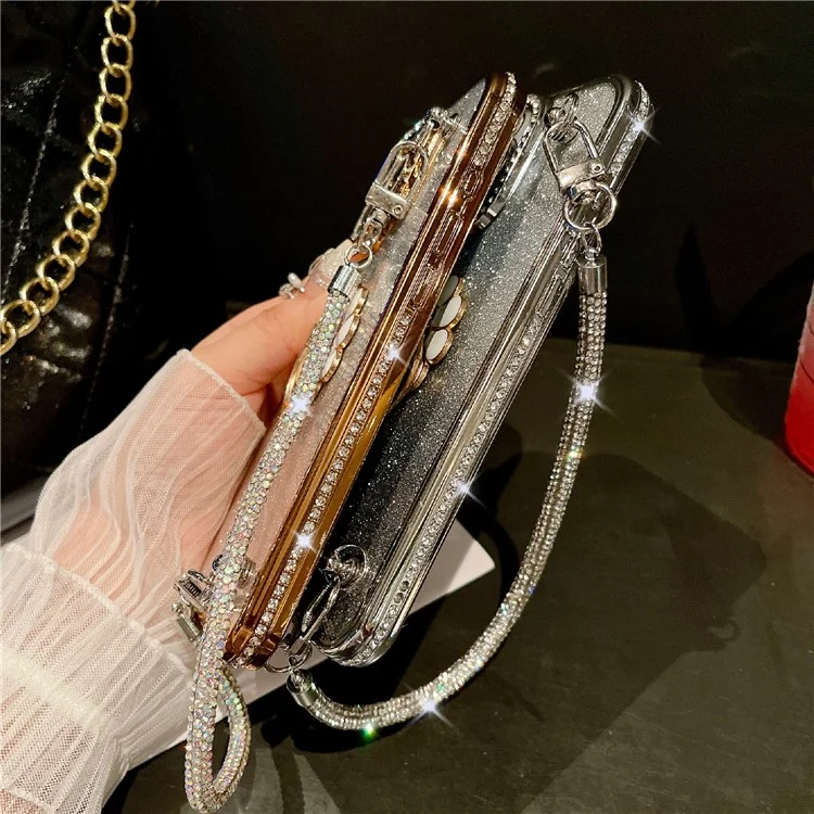 For iPhone 16 Pro Max Case with Rhinestones Strap Kickstand Phone Cover Built In Lens Film - Silver