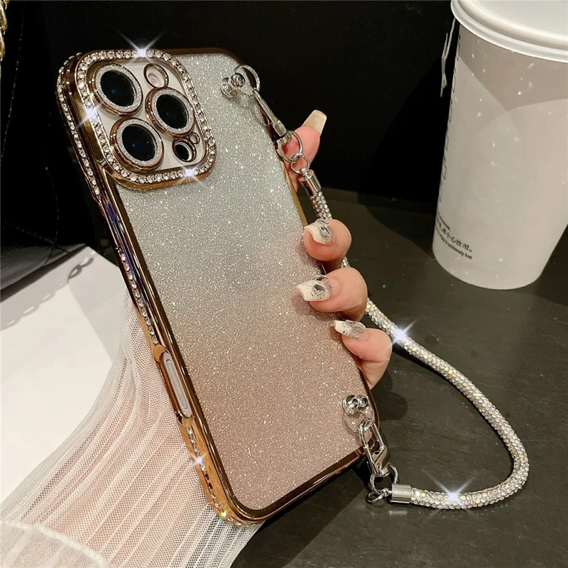 For iPhone 16 Pro Max Case Electroplated Edge Rhinestone Glitter Decor Phone Cover with Lens Film, Strap - Gold