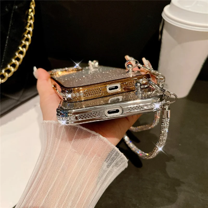 For iPhone 16 Pro Max Case Electroplated Edge Rhinestone Glitter Decor Phone Cover with Lens Film, Strap - Gold