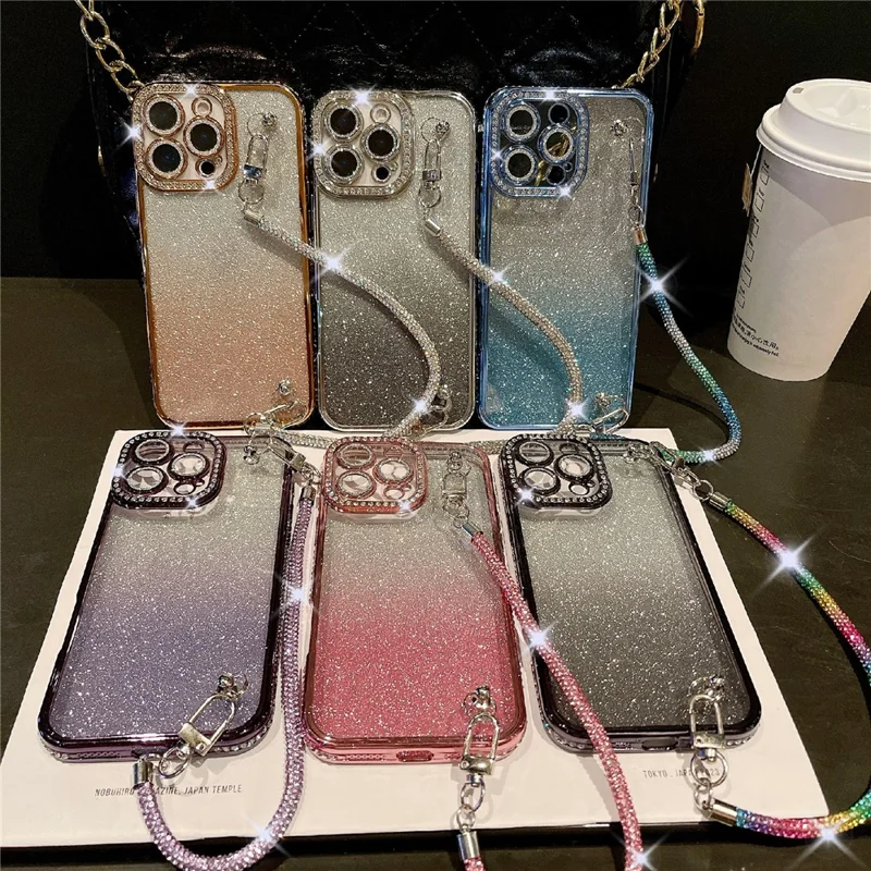 For iPhone 16 Pro Max Case Electroplated Edge Rhinestone Glitter Decor Phone Cover with Lens Film, Strap - Gold