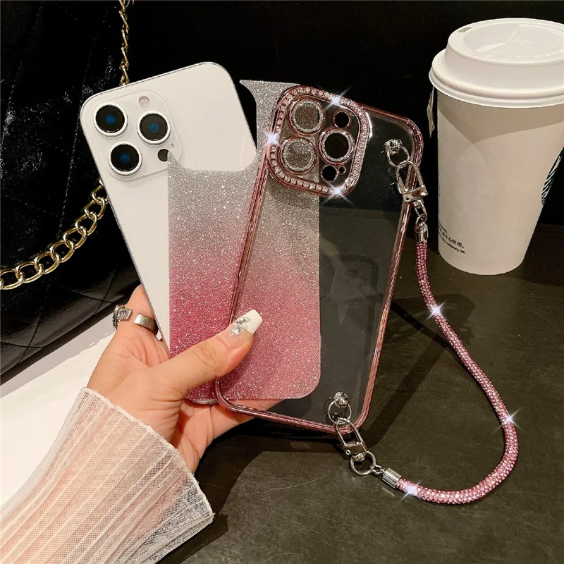 For iPhone 16 Pro Max Case Electroplated Edge Rhinestone Glitter Decor Phone Cover with Lens Film, Strap - Gold