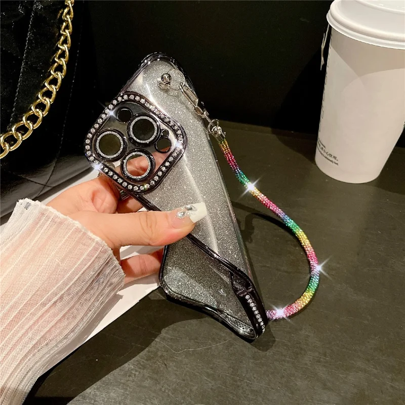 For iPhone 16 Pro Max Case Electroplated Edge Rhinestone Glitter Decor Phone Cover with Lens Film, Strap - Gold