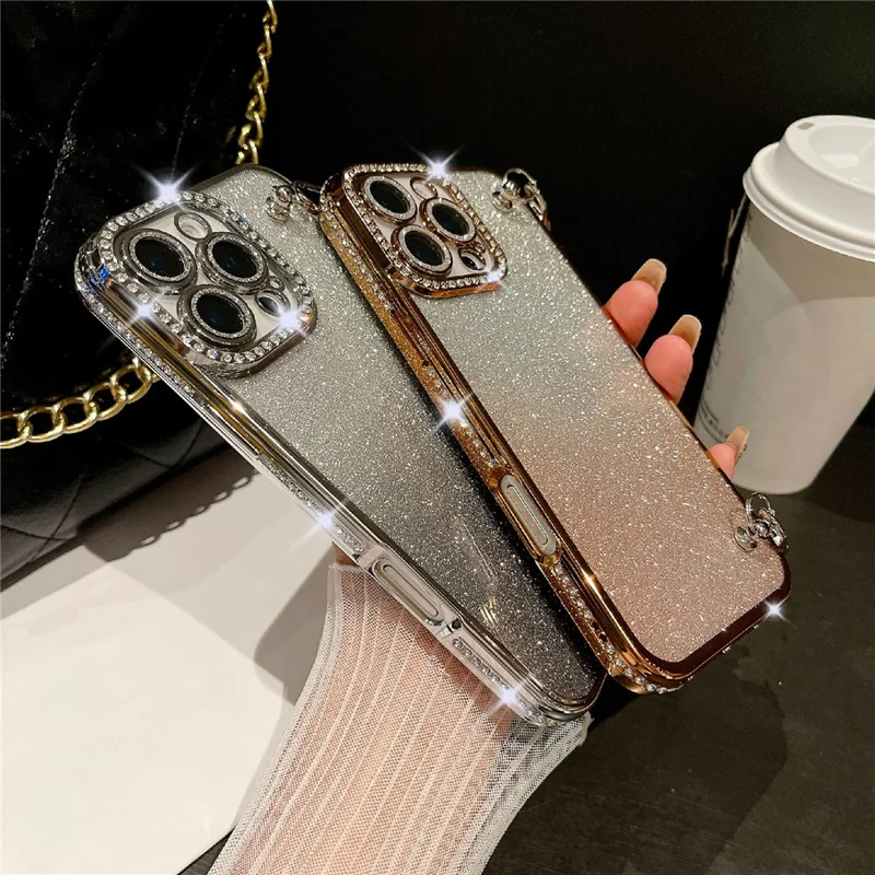 For iPhone 16 Pro Max Case Electroplated Edge Rhinestone Glitter Decor Phone Cover with Lens Film, Strap - Gold