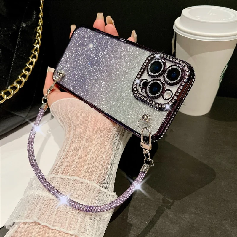 For iPhone 16 Pro Max Case Electroplated Edge Rhinestone Glitter Decor Phone Cover with Lens Film, Strap - Gold