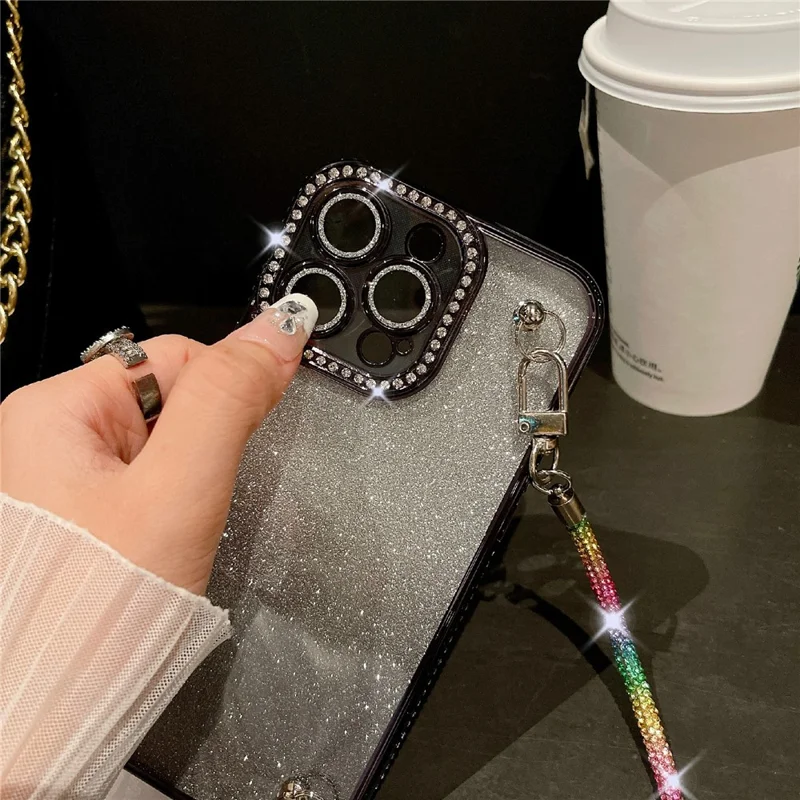 For iPhone 16 Pro Max Case Electroplated Edge Rhinestone Glitter Decor Phone Cover with Lens Film, Strap - Gold