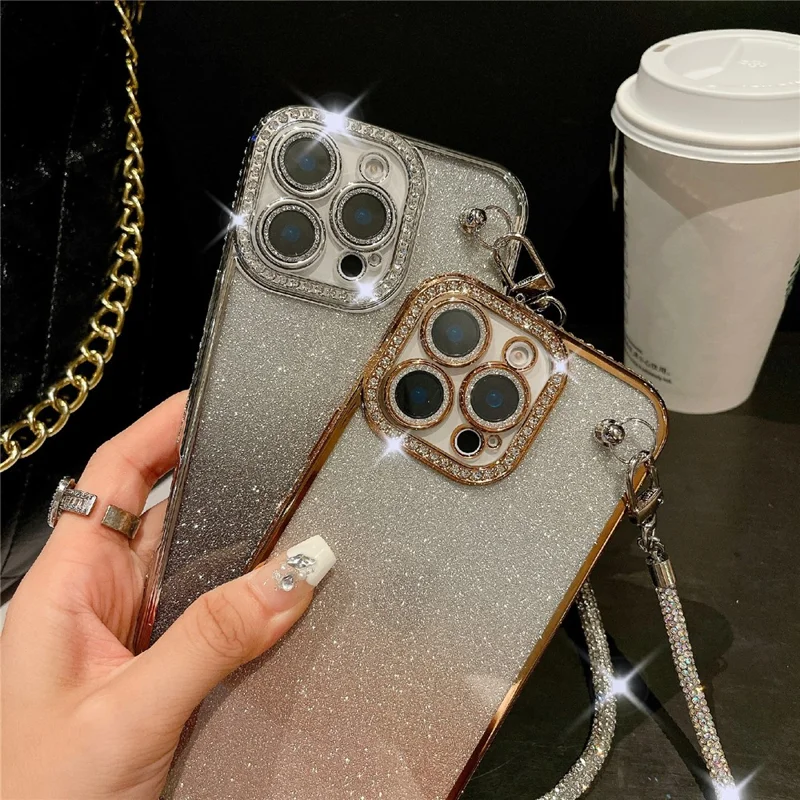 For iPhone 16 Pro Max Case Electroplated Edge Rhinestone Glitter Decor Phone Cover with Lens Film, Strap - Gold