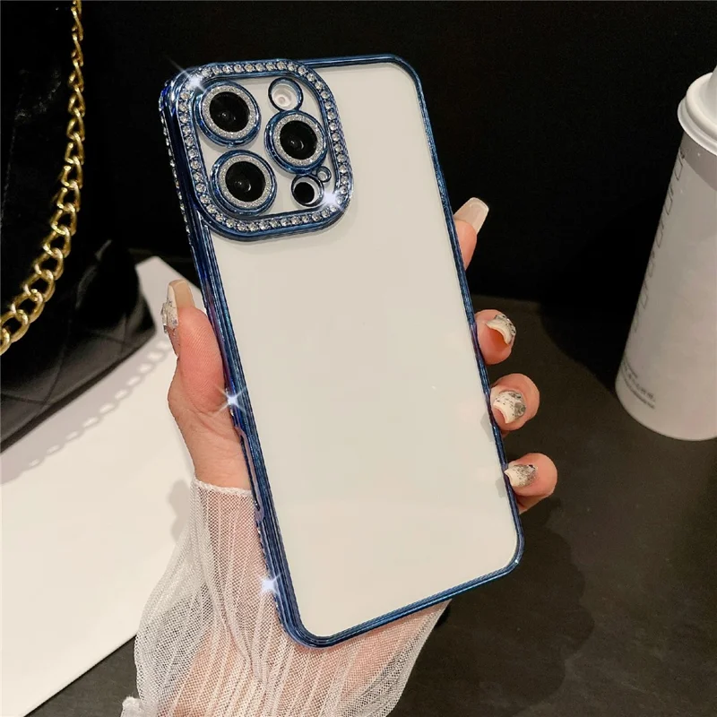 For iPhone 16 Pro Max Case Clear TPU Phone Cover with Glitter Lens Film - Blue
