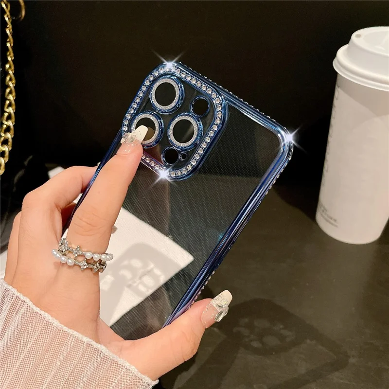 For iPhone 16 Pro Max Case Clear TPU Phone Cover with Glitter Lens Film - Blue