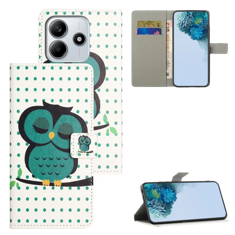For Xiaomi Redmi Note 14 4G (164.84mm) Case Pattern Print PU Leather Wallet Phone Cover - Dots Owl