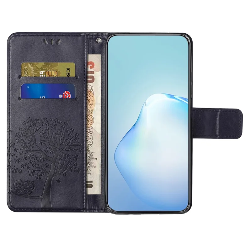 For Xiaomi Redmi Note 14 4G (164.84mm) Case PU Leather Owl Tree Imprinted Wallet Phone Cover - Dark Blue