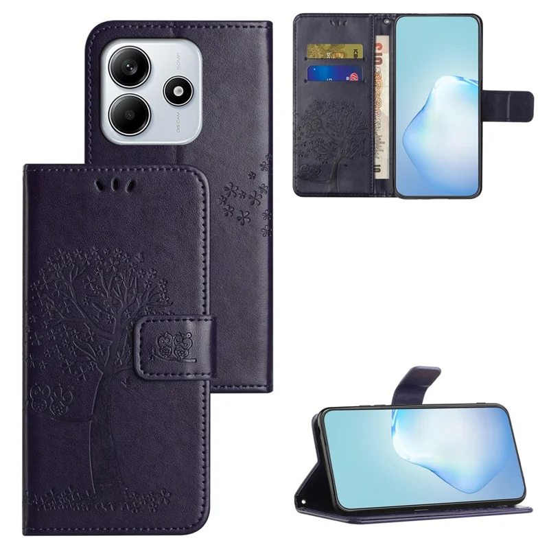 For Xiaomi Redmi Note 14 4G (164.84mm) Case PU Leather Owl Tree Imprinted Wallet Phone Cover - Dark Blue