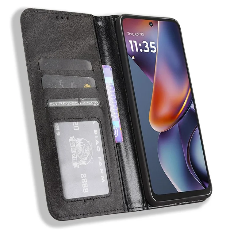 Чехол-кошелек для Motorola Moto G Play (2025) 4G / G Power (2025) с подставкой, ретро-текстурой и кожаной отделкой - Черный